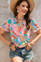Abstract Geometric Print Ruffle Trim V Neck Blouse
