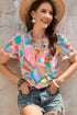Abstract Geometric Print Ruffle Trim V Neck Blouse