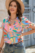 Abstract Geometric Print Ruffle Trim V Neck Blouse