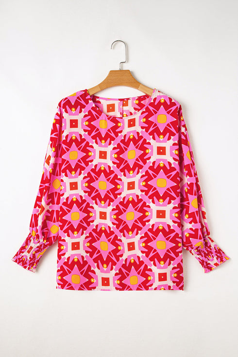 Abstract Geometric Print V Neck Shirred Sleeve Blouse