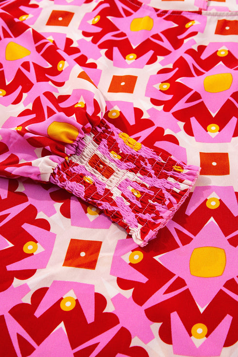 Abstract Geometric Print V Neck Shirred Sleeve Blouse