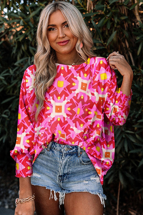 Abstract Geometric Print V Neck Shirred Sleeve Blouse