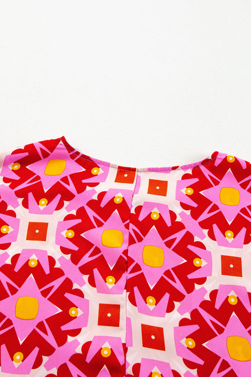 Abstract Geometric Print V Neck Shirred Sleeve Blouse