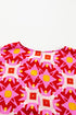 Abstract Geometric Print V Neck Shirred Sleeve Blouse