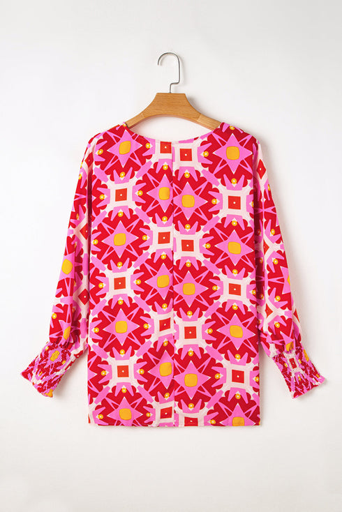 Abstract Geometric Print V Neck Shirred Sleeve Blouse
