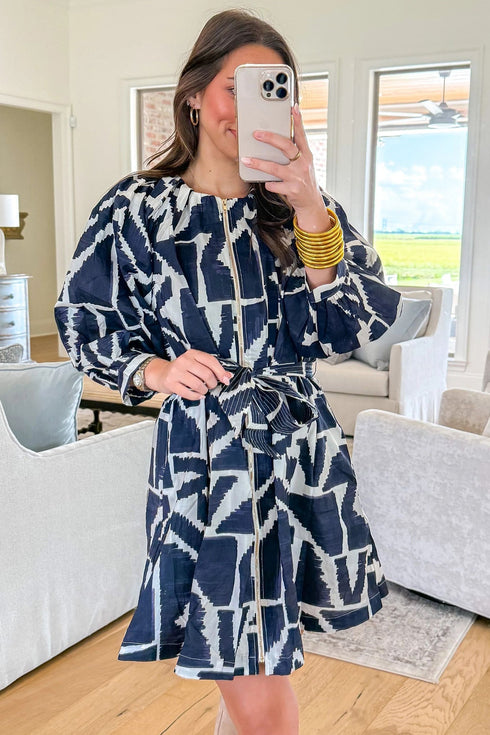 Abstract Geometric Print Zip Front Tie Waist Shift Mini Dress