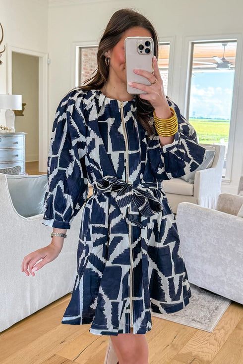 Abstract Geometric Print Zip Front Tie Waist Shift Mini Dress