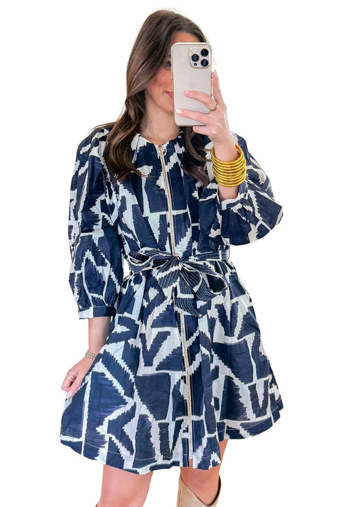 Abstract Geometric Print Zip Front Tie Waist Shift Mini Dress