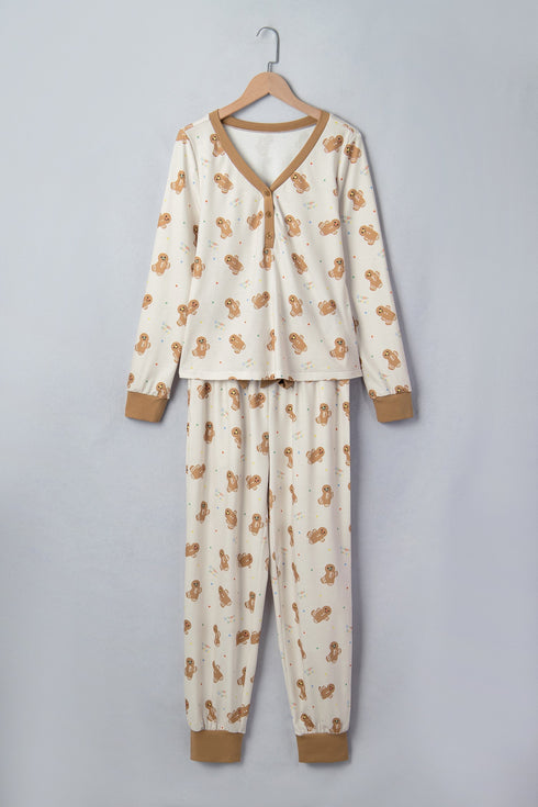 Abstract Gingerbread Print Paneled Long Sleeve Two Piece Lounge Set