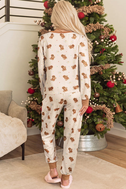 Abstract Gingerbread Print Paneled Long Sleeve Two Piece Lounge Set