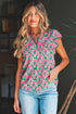Abstract Heart Print Striped Trim Polo Short Sleeve Blouse