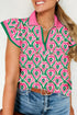 Abstract Heart Print Striped Trim Polo Short Sleeve Blouse