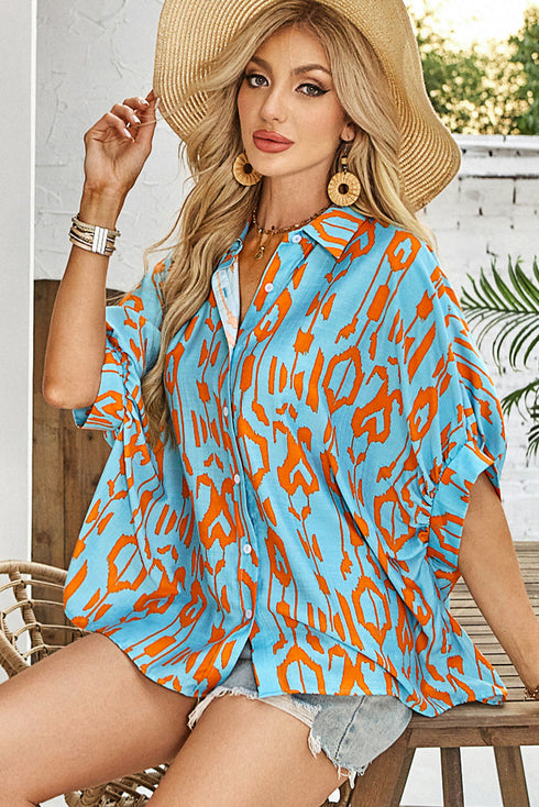 Abstract Ikat Print Short Sleeve Button Down Shirt