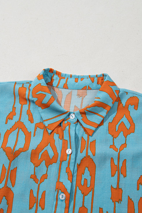 Abstract Ikat Print Short Sleeve Button Down Shirt