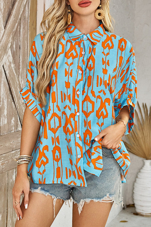 Abstract Ikat Print Short Sleeve Button Down Shirt