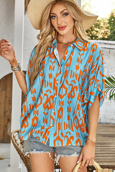 Abstract Ikat Print Short Sleeve Button Down Shirt