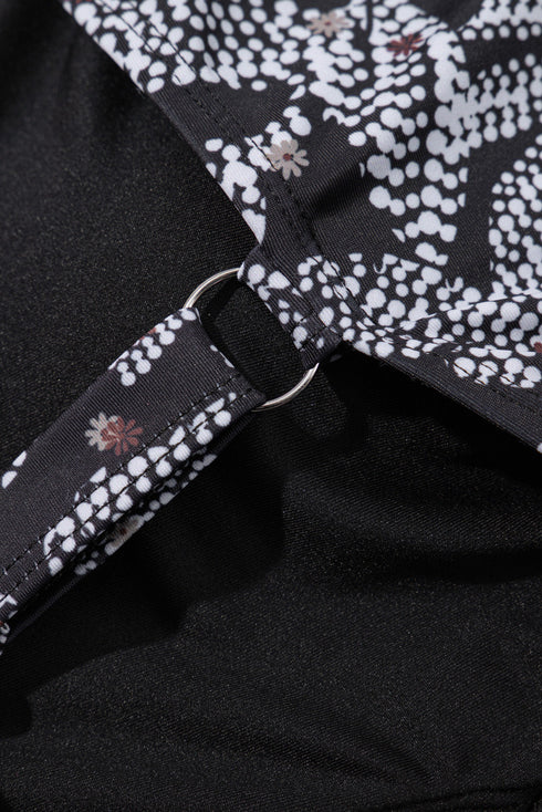 Abstract Leaf Print Halter Ring Mini Dress