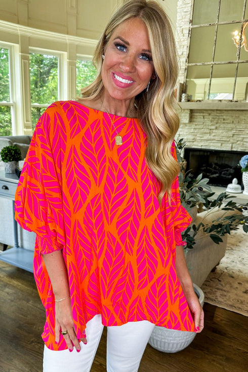 Abstract Leaf Print Smocked Cuff Dolman Blouse