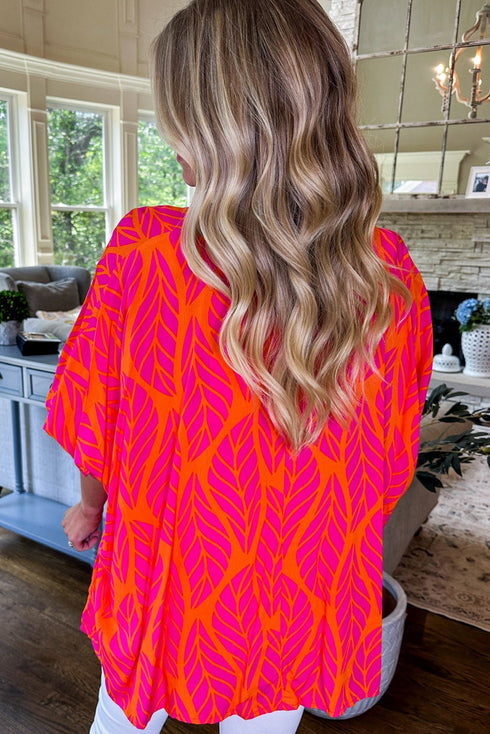 Abstract Leaf Print Smocked Cuff Dolman Blouse