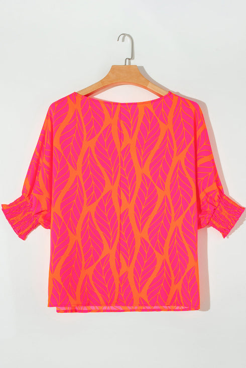 Abstract Leaf Print Smocked Cuff Dolman Blouse
