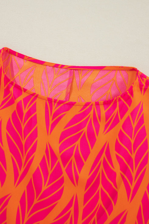 Abstract Leaf Print Smocked Cuff Dolman Blouse