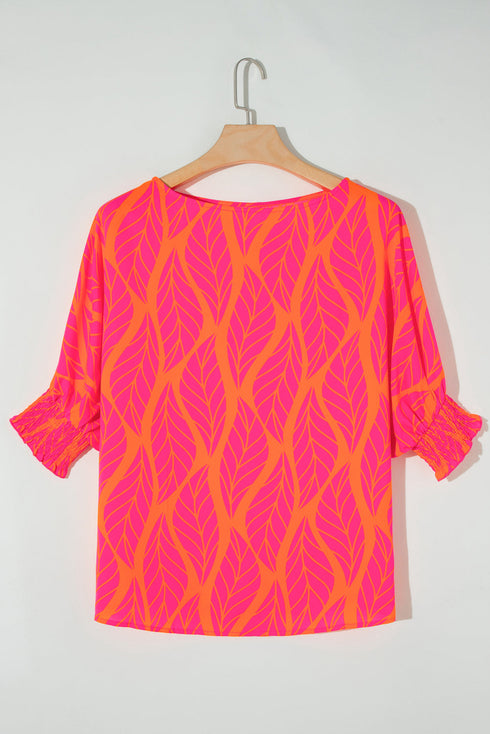 Abstract Leaf Print Smocked Cuff Dolman Blouse