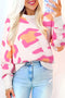 Abstract Leopard Jacquard Drop Shoulder Rib Trim Crewneck Sweater