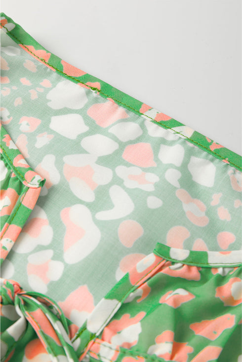 Abstract Leopard Print Tie Front Flutter Sleeve Blouse