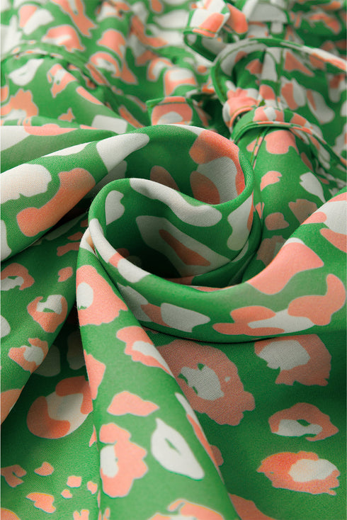 Abstract Leopard Print Tie Front Flutter Sleeve Blouse