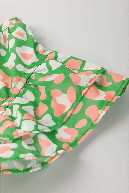 Abstract Leopard Print Tie Front Flutter Sleeve Blouse