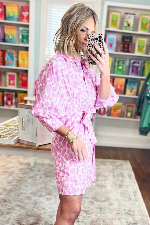 Abstract Leopard Print Tie Waist Puff Sleeve Mini Shirt Dress
