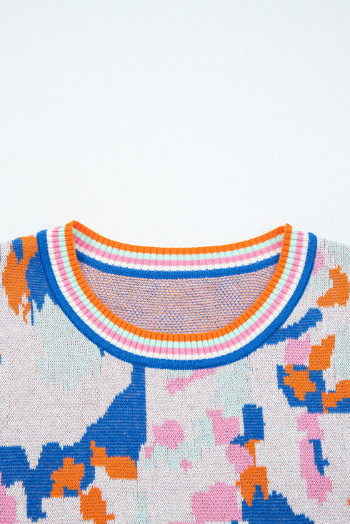 Abstract Pattern Cotton Knit Short Sleeve Contrast Trim Sweater