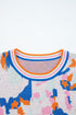 Abstract Pattern Cotton Knit Short Sleeve Contrast Trim Sweater