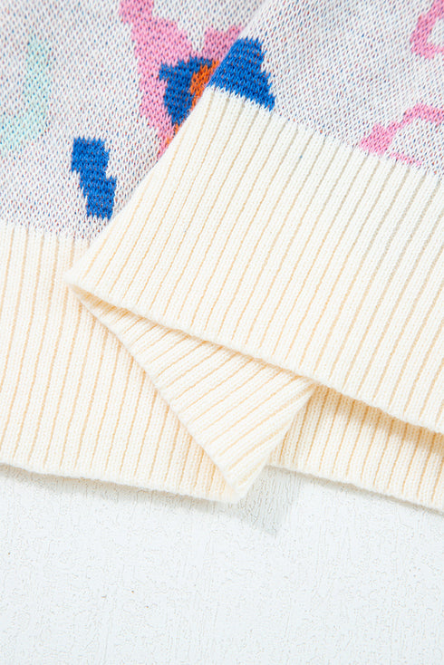 Abstract Pattern Cotton Knit Short Sleeve Contrast Trim Sweater