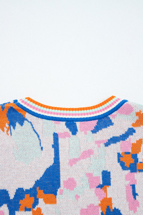 Abstract Pattern Cotton Knit Short Sleeve Contrast Trim Sweater