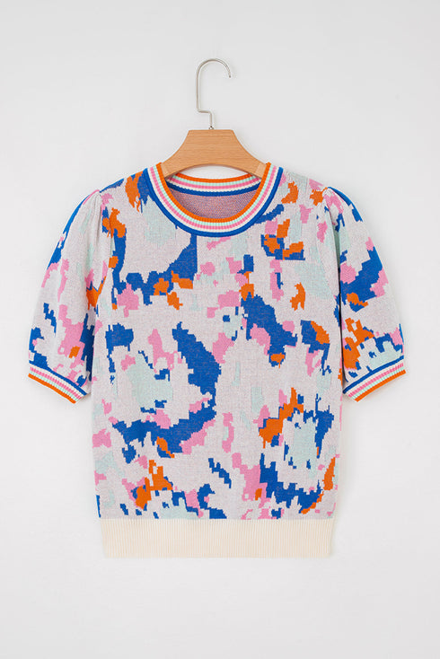 Abstract Pattern Cotton Knit Short Sleeve Contrast Trim Sweater