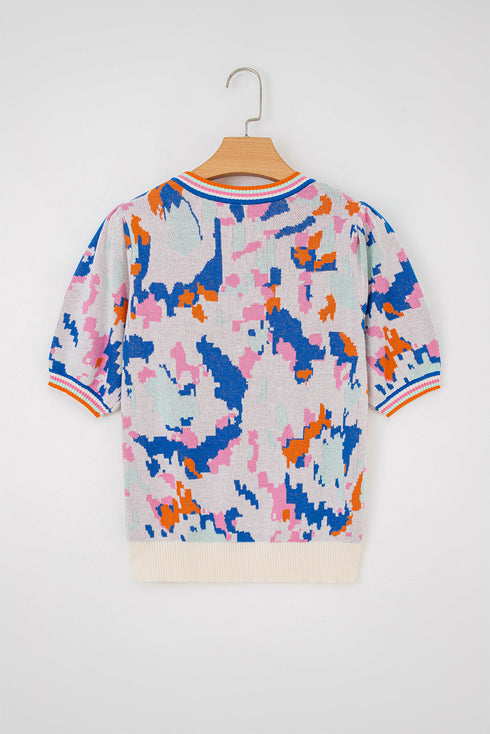 Abstract Pattern Cotton Knit Short Sleeve Contrast Trim Sweater