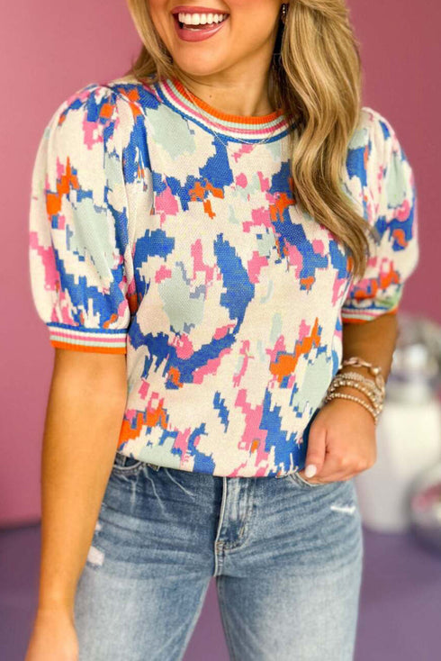 Abstract Pattern Cotton Knit Short Sleeve Contrast Trim Sweater