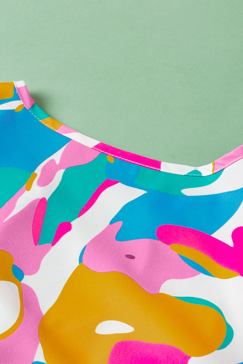 Abstract Pattern Notched Neck Flutter Sleeve Woven Blouse