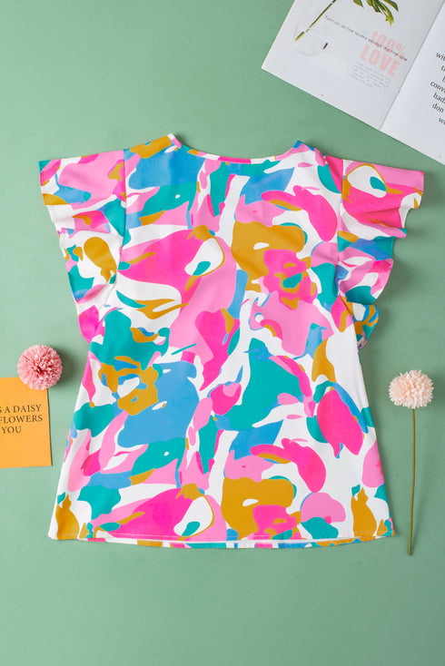 Abstract Pattern Notched Neck Flutter Sleeve Woven Blouse