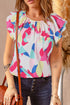 Abstract Pattern Ruffle Short Sleeves Blouse