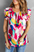 Abstract Pattern Ruffle Short Sleeves Blouse