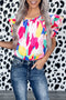 Abstract Pattern Ruffle Short Sleeves Blouse