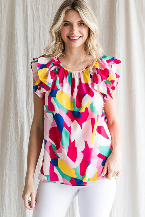 Abstract Pattern Ruffle Short Sleeves Blouse
