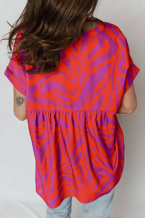 Abstract Pattern V Neck Cuffed Sleeve Shift Blouse