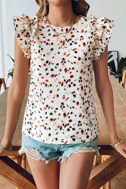 Abstract Patterned Flutter Sleeve Keyhole Back Slim Blouse