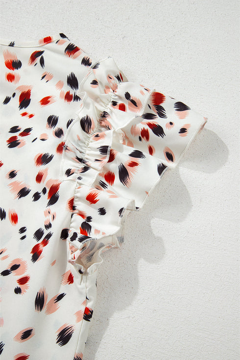 Abstract Patterned Flutter Sleeve Keyhole Back Slim Blouse