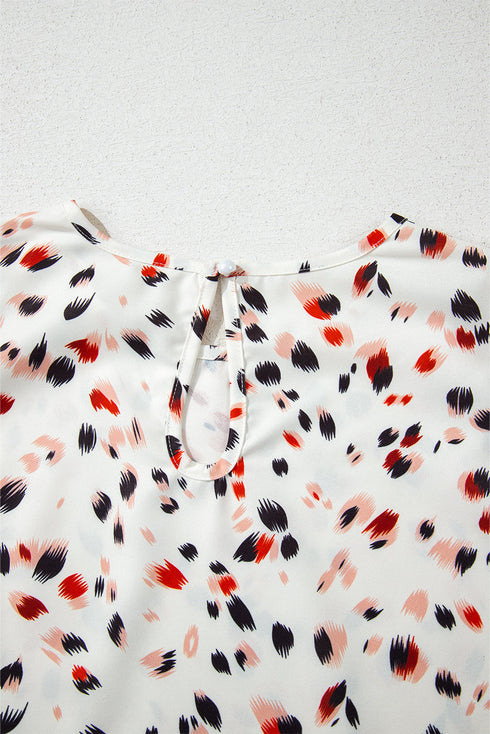 Abstract Patterned Flutter Sleeve Keyhole Back Slim Blouse