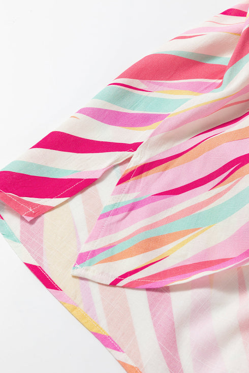 Abstract Patterned Split Neck Rolled Sleeve Blouse