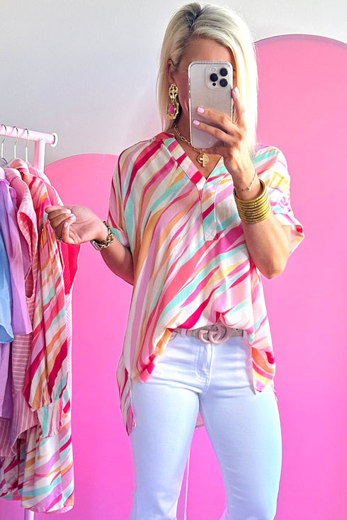 Abstract Patterned Split Neck Rolled Sleeve Blouse